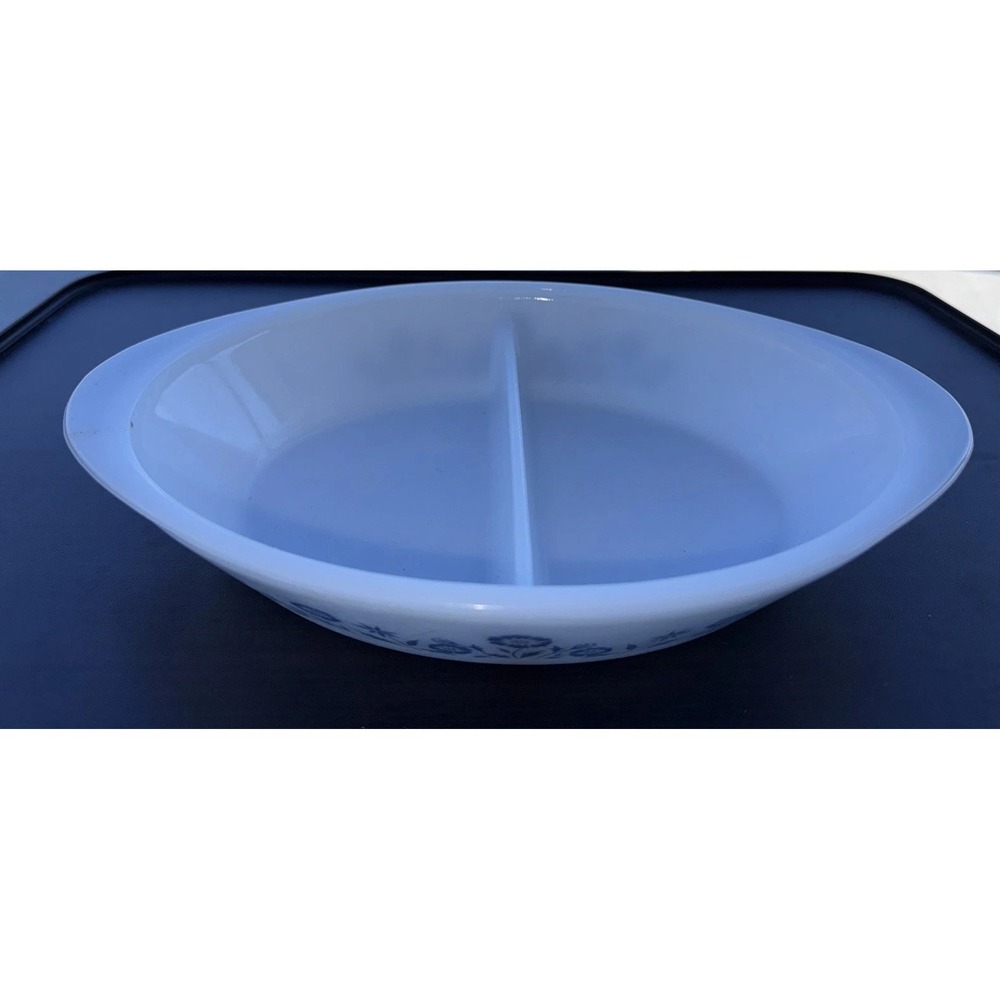 Pyrex Vintage‎ Milkglass Blue Flowers Oval Divided Vegetable Bowl Dish